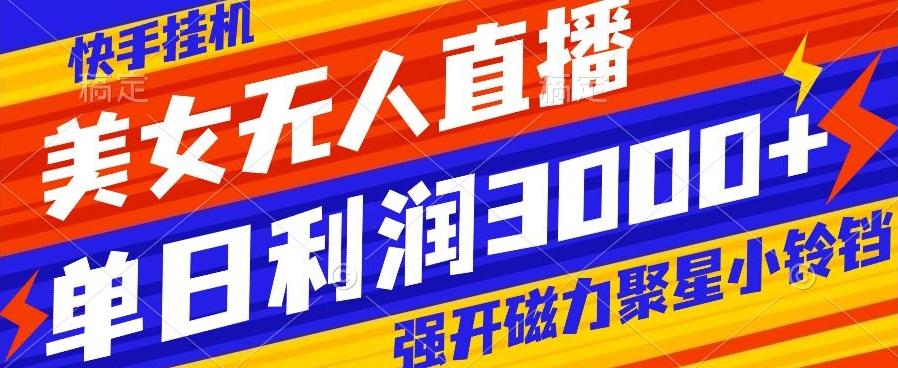 快手挂机，美女无人直播，强开磁力聚星小铃铛，日入3000+-鑫梵淘