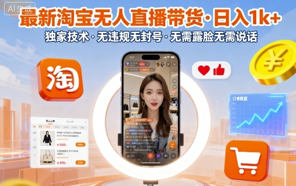 最新淘宝无人直播带货，日入1k+，独家技术，无违规无封号，无需露脸无需说话【揭秘】-鑫梵淘