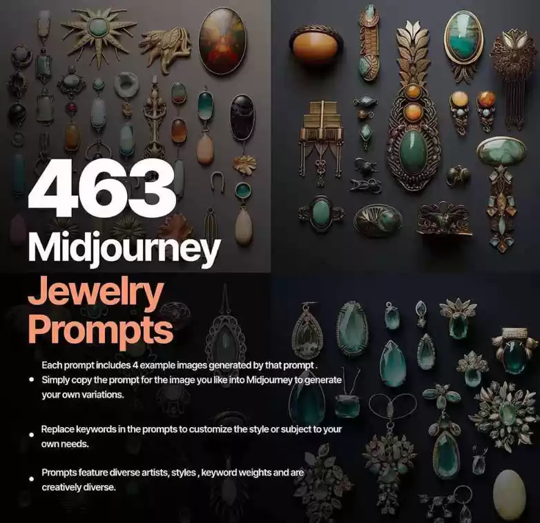 460+专业Midjourney珠宝摄影AI提示词戒指，项链-耳环-手链-宝石等，立即开始创作珠宝艺术
