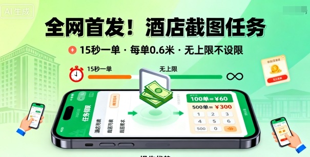 全网首发！酒店截图任务，15秒一单，每单0.6米，任务无上限不设限，矩阵操作单日3张到手【揭秘】-鑫梵淘