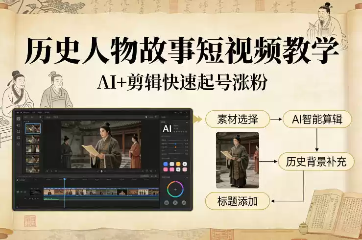 历史人物故事短视频教学，AI+剪辑制作历史人物题材短视频，快速起号涨粉-鑫梵淘