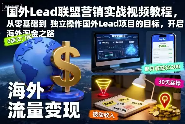 国外Lead联盟营销实战视频教程，从零基础到独立操作国外Lead项目的目标，开启海外淘金之路-鑫梵淘