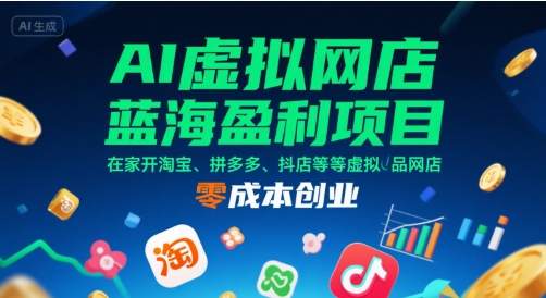 AI虚拟网店蓝海盈利项目，在家开淘宝、拼多多、抖店等虚拟品网店，零成本创业-鑫梵淘