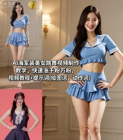 AI海军装美女跳舞视频制作教学，快速涨千粉万粉，视频教程+提示词(绘图词、动作词)-鑫梵淘